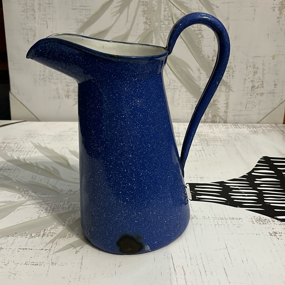 Antique Farmhouse Blue Speckled Enamelware Cream Milk Pitcher